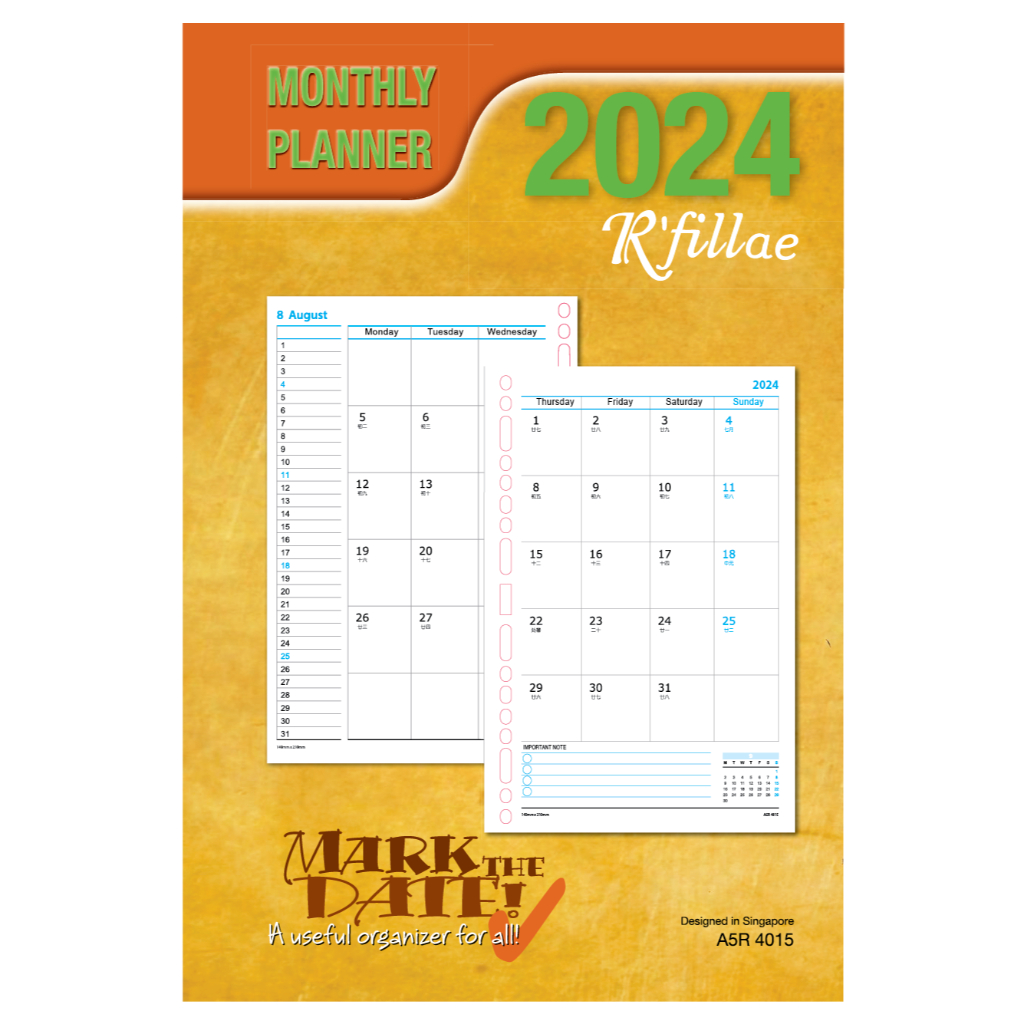 2024 English Planner Refills 2023 Calendar Inserts A5 Monthly