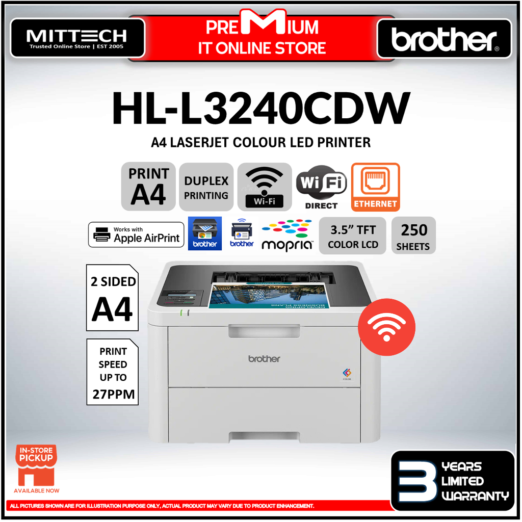 Brother Colour Laserjet Printer MFC-L3760CDW A4 Compact LED Multi-Function, Auto 2-sided Printing, 5GHz Wireless