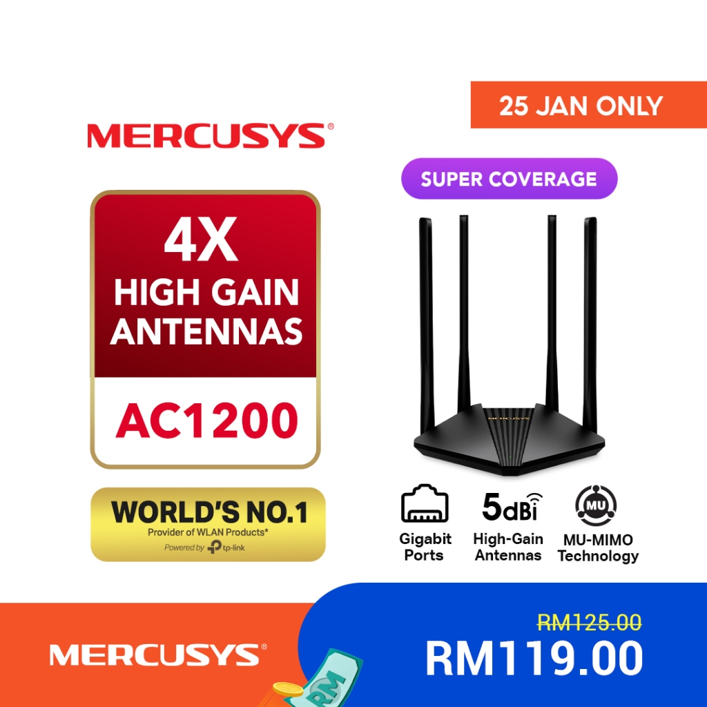 MERCUSYS - AC1200 Wireless Dual Band Gigabit Router - by TP-Link