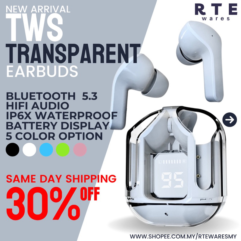 5 Color Bluetooth 5.3 TWS Earphone Transparent Case Digital Display HiFi Audio Noise Cancelling IP6X Waterproof