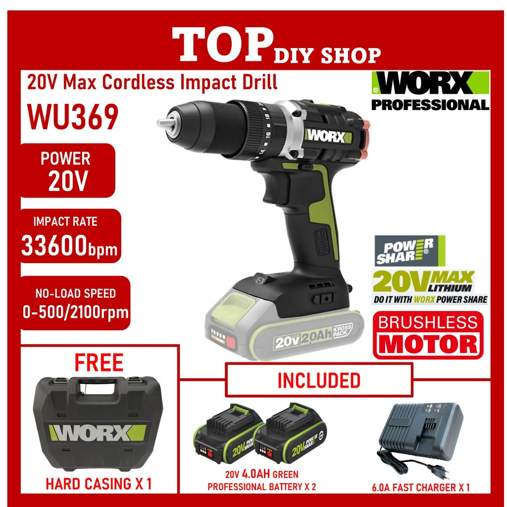 Worx WU369 Cordless Impact Drill Brushless Motor 20V Max 60Nm