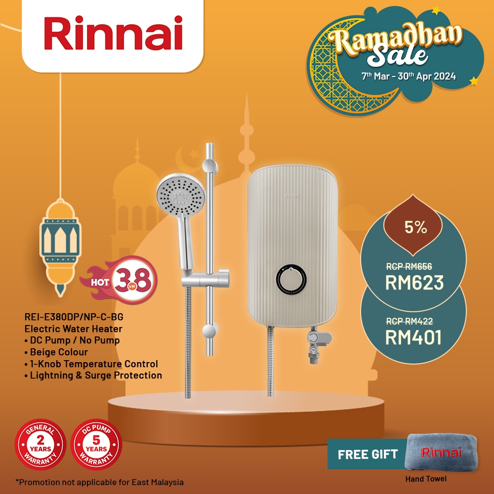 Rinnai Sen Series Electric Water Heater - DC Pump/No Pump/Handshower  REI-E380DP/NP-C-BG