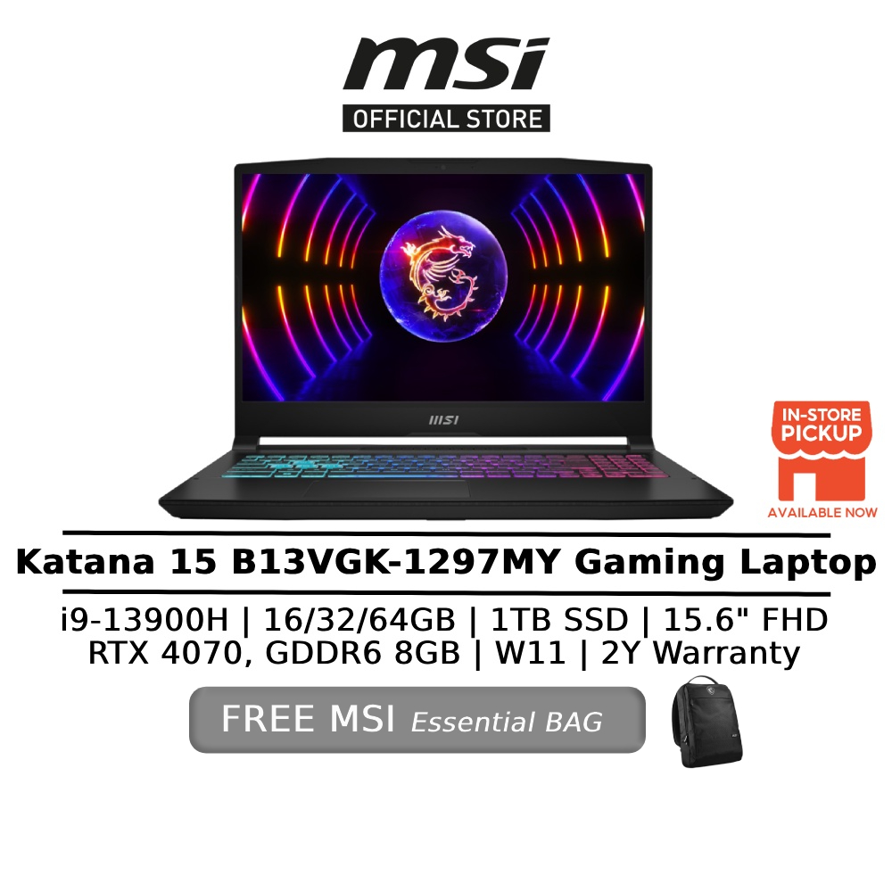 MSI Katana 15 - 13900H · 4070 · 15.6”, Full HD (1920 x 1080), 144 Hz, IPS ·  1TB SSD · 32GB DDR5 · Windows 11 Home