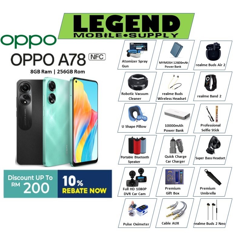 Oppo A78 4G (8GB+8GB Extended Ram)+256GB Rom (Original Malaysia Set) With  Premium Gift –
