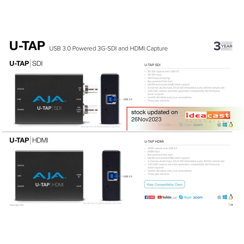 AJA U-TAP-SDI / U-TAP-HDMI USB 3.0 Powered Capture appliance