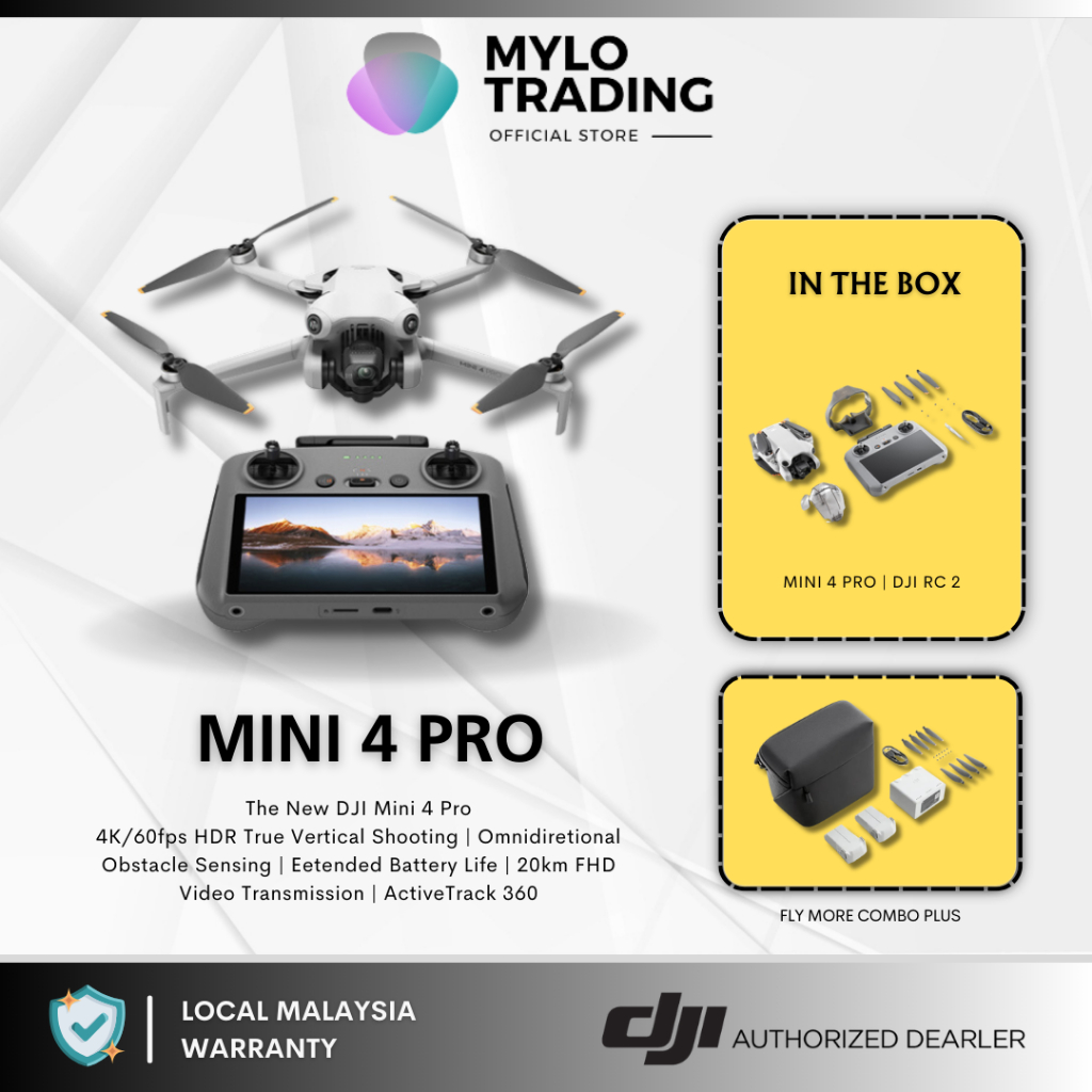 DJI Mini 4 Pro Fly More Combo Plus - DJI RC 2 (Screen Remote Controller)  Drone