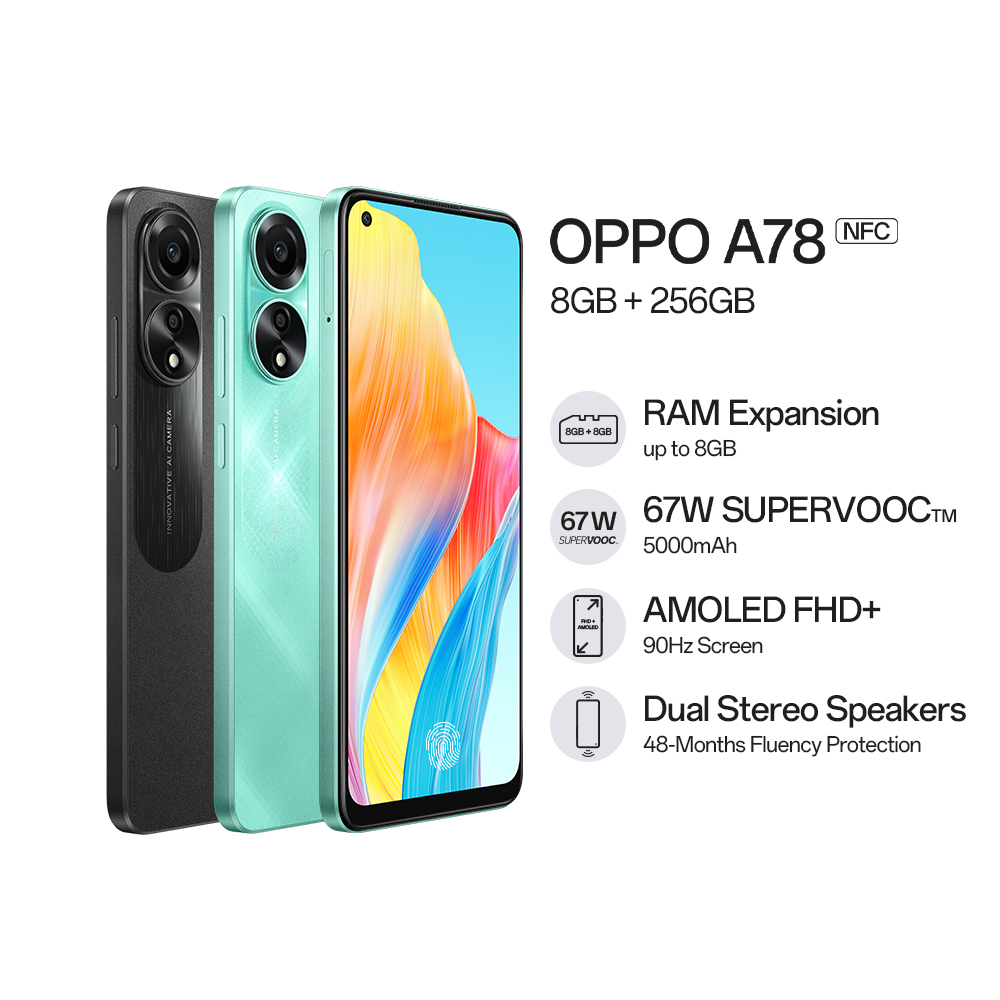 OPPO A78 5G [128GB MEMORY, 8+8GB Extended RAM ] A78 4G [8GB+256GB] 33W  SuperVOOC Fast Charge, NFC, OPPO Malaysia Warranty 1 Year