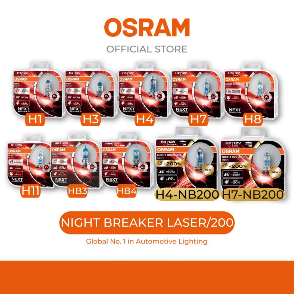OSRAM Night Breaker Laser, NB200, Halogen Bulb, 1 SET, H1, H3, H4, H7,  H11, H8, HB3, HB4, 100% Original
