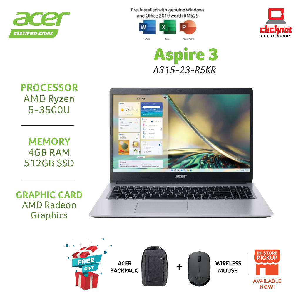 ACER ASPIRE 3 A315 23 R5KR R5 3500U 4GB 512GB SSD 15.6 FHD