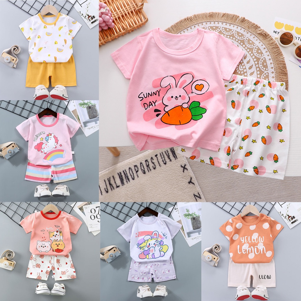 Local Post]🍒👧🏻0-4 Yrs 🌈Baby Girl T-Shirt+Shorts Outfit Kids 2-Pieces  Clothing Set baju budak perempuan baby girl
