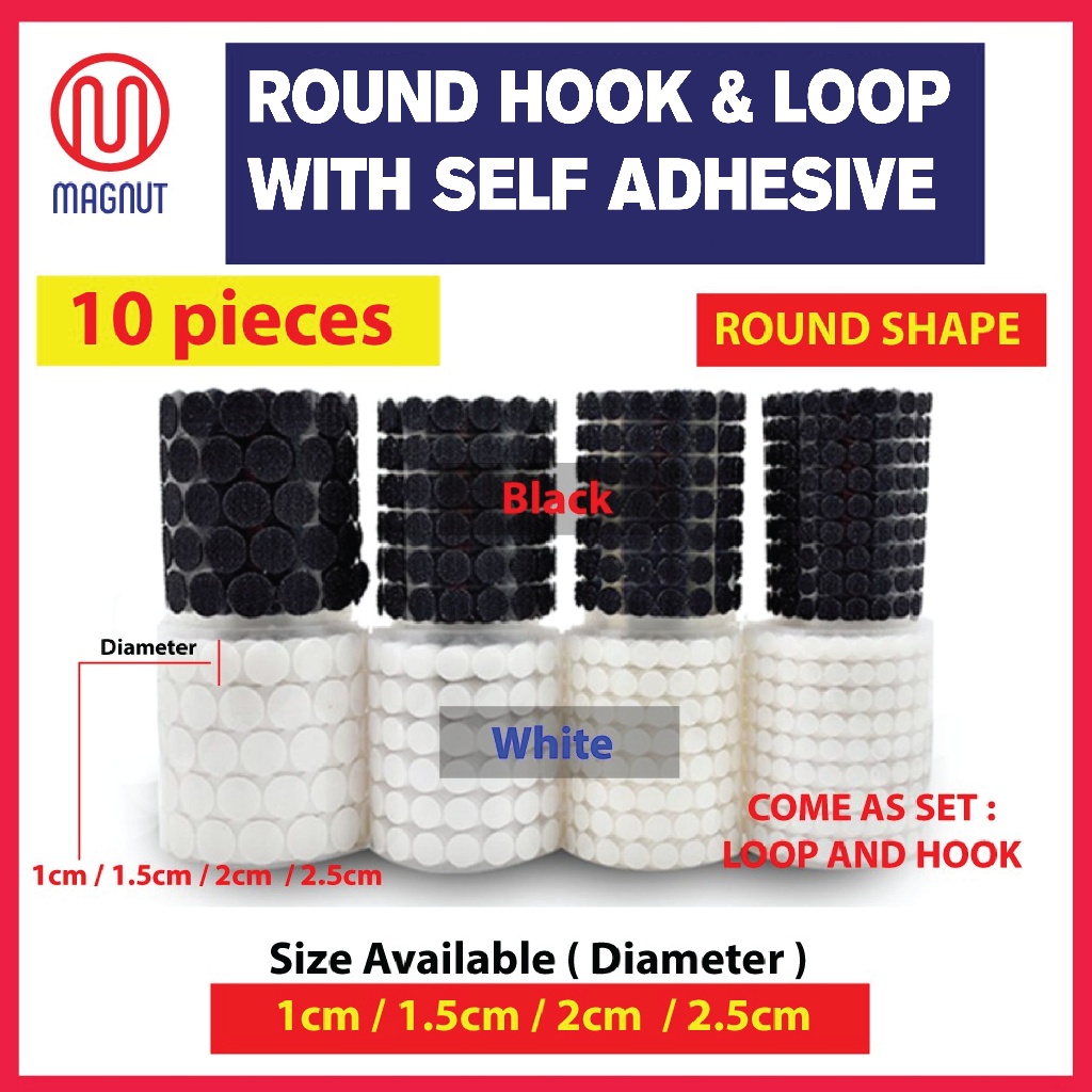 10sets - Round Hook & Loop Fastener with Self Adhesive Tape - 1cm / 1.5cm /  2cm / 2.5cm - Hook & Loop Dot for DIY