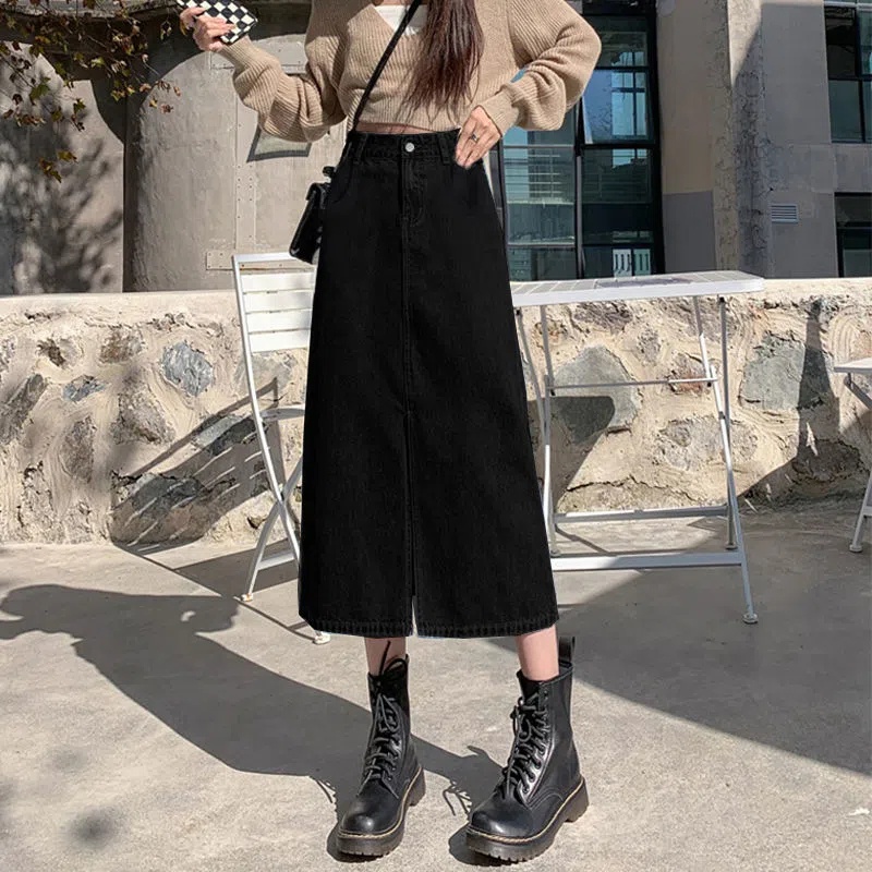 Black denim skirt mid 2024 length