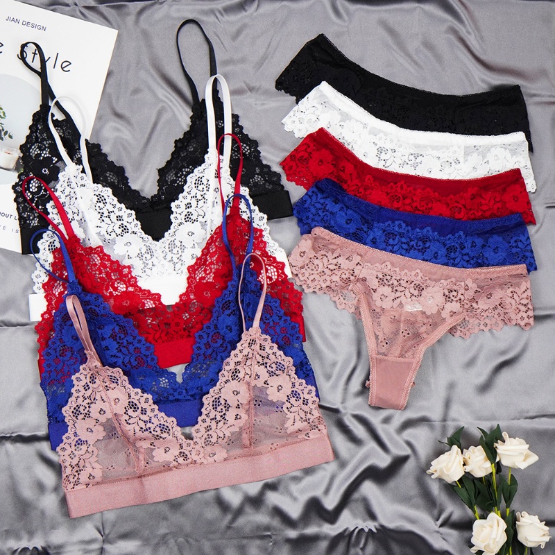 Women's Mesh See Through Lingerie Set Wireless Sheer Bra & Panty Set Lace