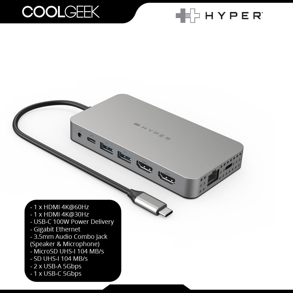 HyperDrive Dual 4K HDMI 10-in-1 USB-C Hub - docking station - USB-C - 2 x  HDMI - GigE
