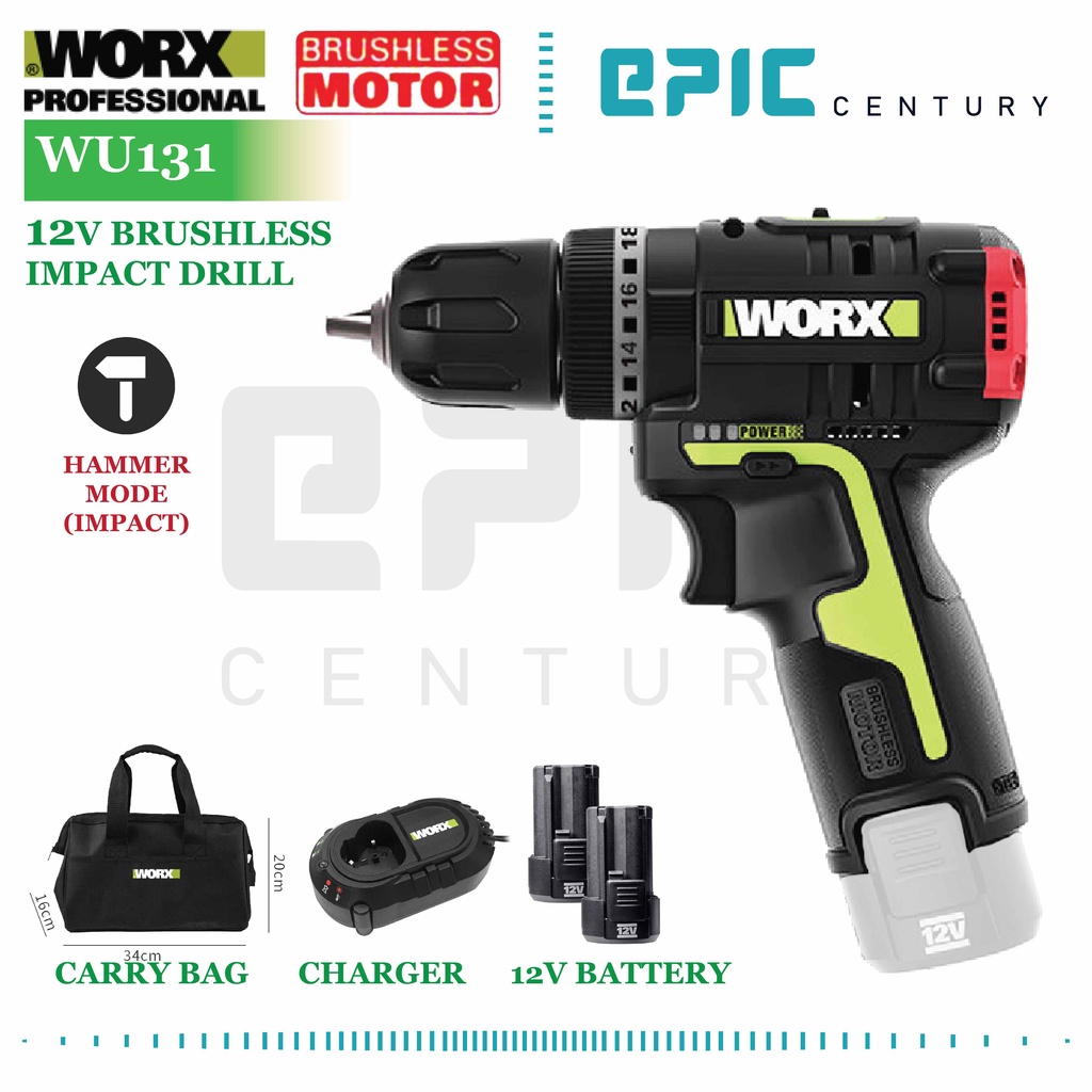 WORX WU131 12V 2.0AH Cordless Brushless Impact Drill Shopee Malaysia