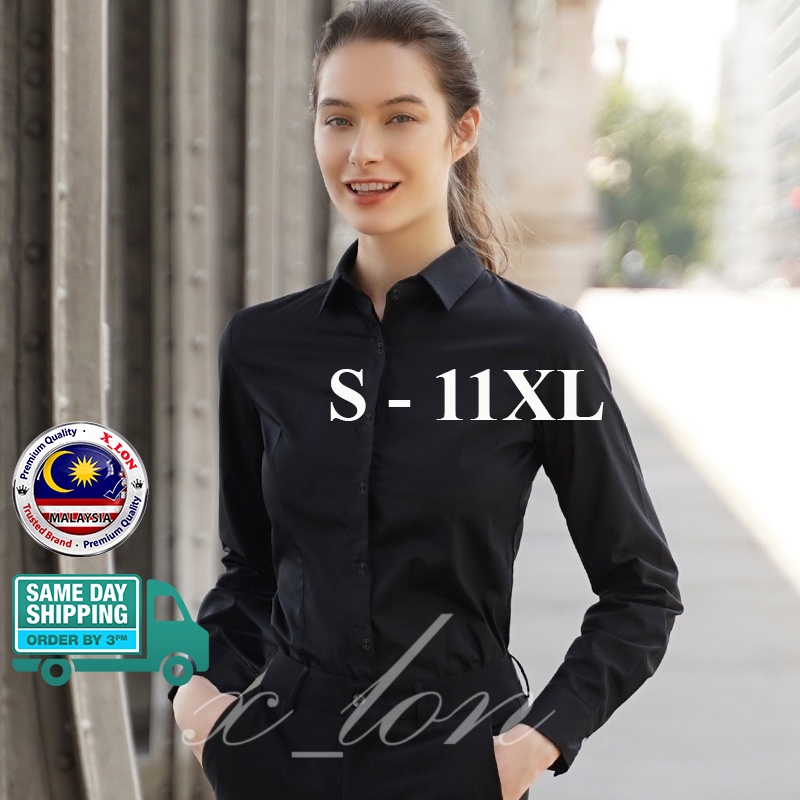 X_LON- Premium Formal Black Women Shirt Long Sleeve Plus Size Kemeja Hitam  Perempuan Lengan Panjang Office Wear 黑色衬衫女长袖