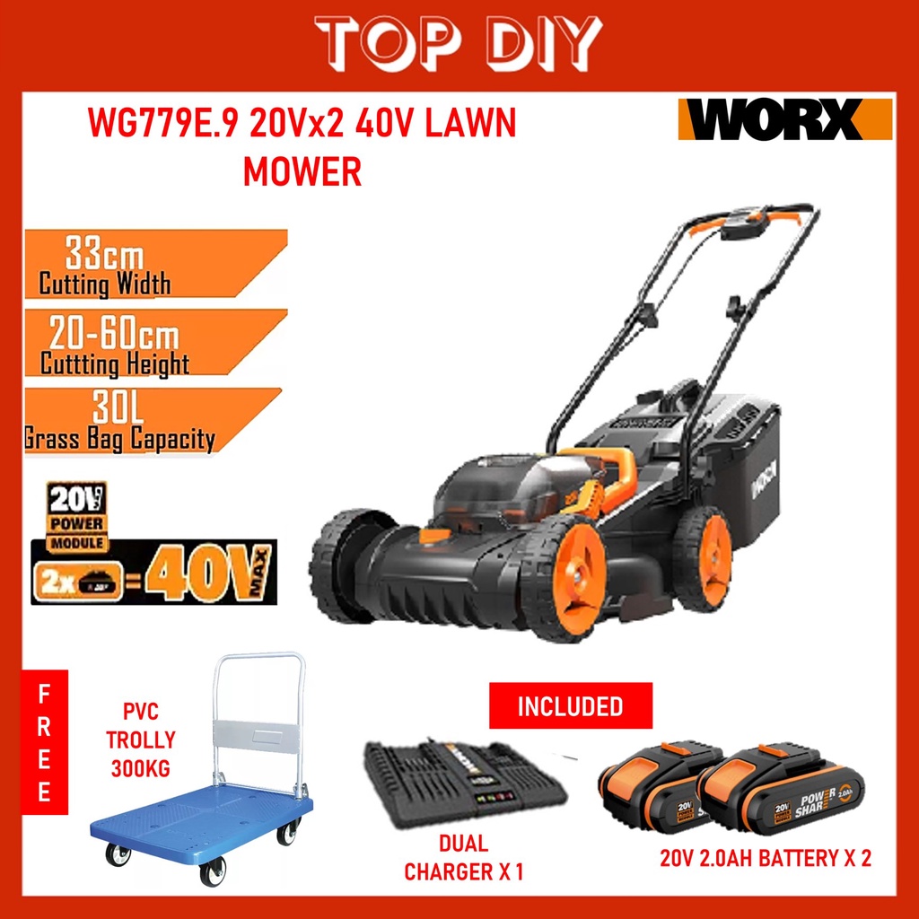 Worx Cordless Lawn Mower Mesin Rumput 34cm WG779E.2 20Vx2 30L