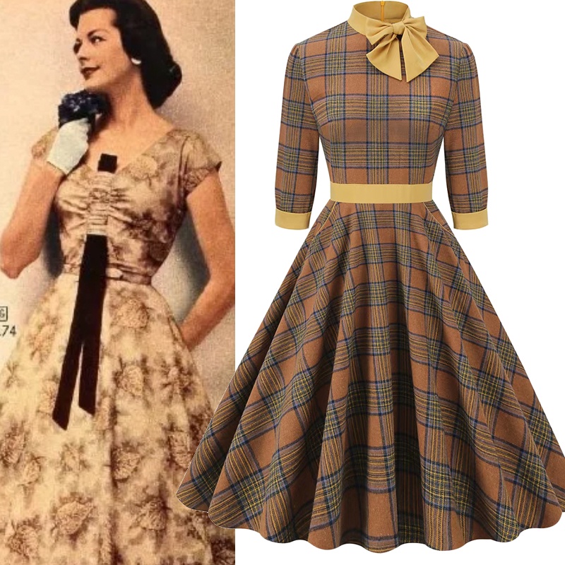 Vintage Dresses for Women 1950s Long Sleeve Plaid Retro Swing