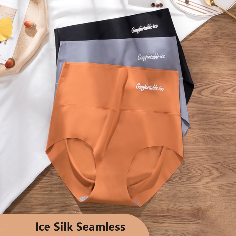 Women High Waist Ice Silk Seamless Panties Tummy Control Underwear Briefs