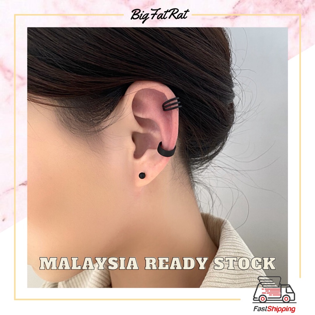 Korean 3in1 Set Ear Cuff Unisex Black Silver Gold Ear Bone Clip