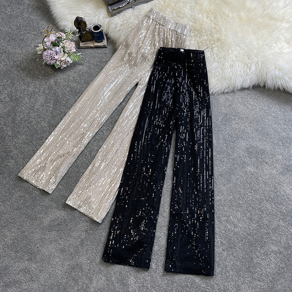 Silver Full Sequined Women Wide Leg Pant Elastic Waist Bling Luxury Chic  Capris Casual Gold Long Pant Female Club Casual Style