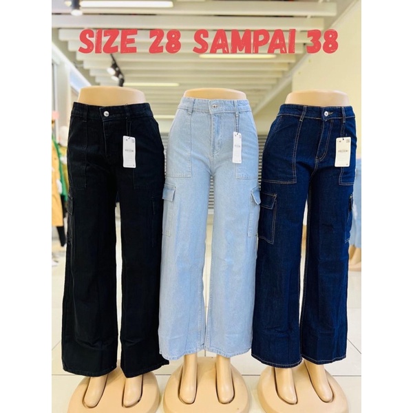 Ready Stock )Long Palazzo Cargo 6 Pocket Solid Denim Jeans New Design untuk  Perempuan women's palazzo