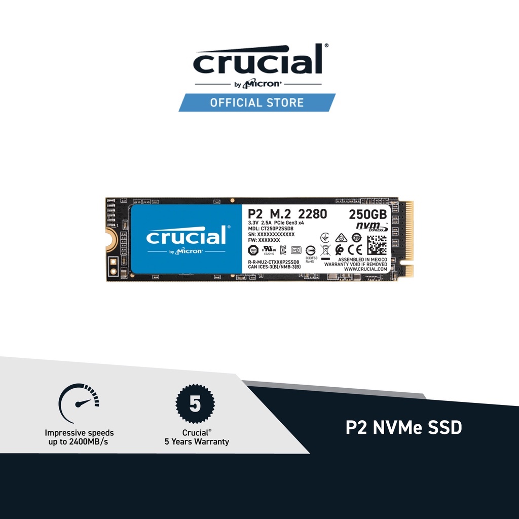 Crucial P2 NVMe PCIe 3.0 M.2 Internal SSD Capacities (250GB/500GB