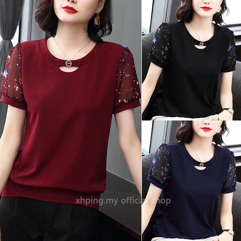 Plus Size New Round Collar Short Sleeve Chiffon Shirt T-Shirt