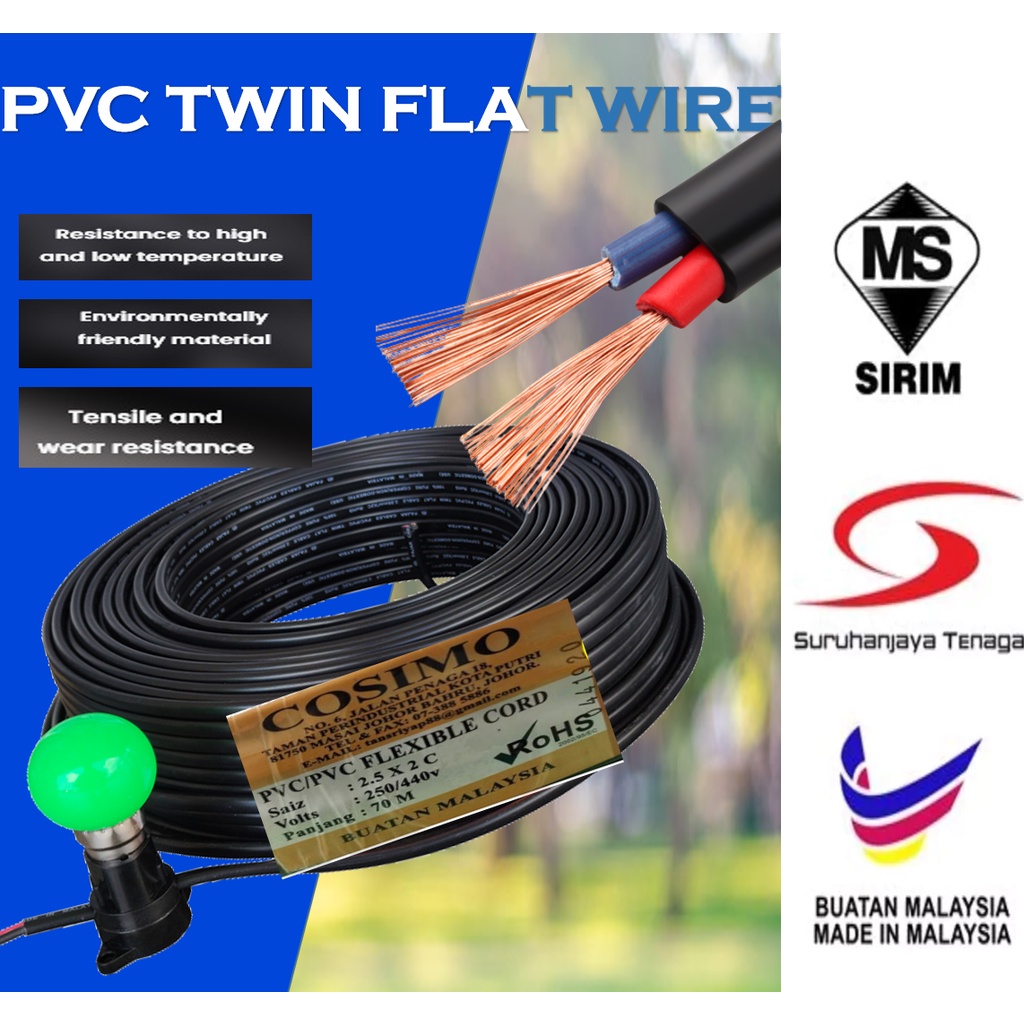 100% PURE COPPER] Pvc Twin Flat Wire 2.5mm 2 Core Cable Pvc