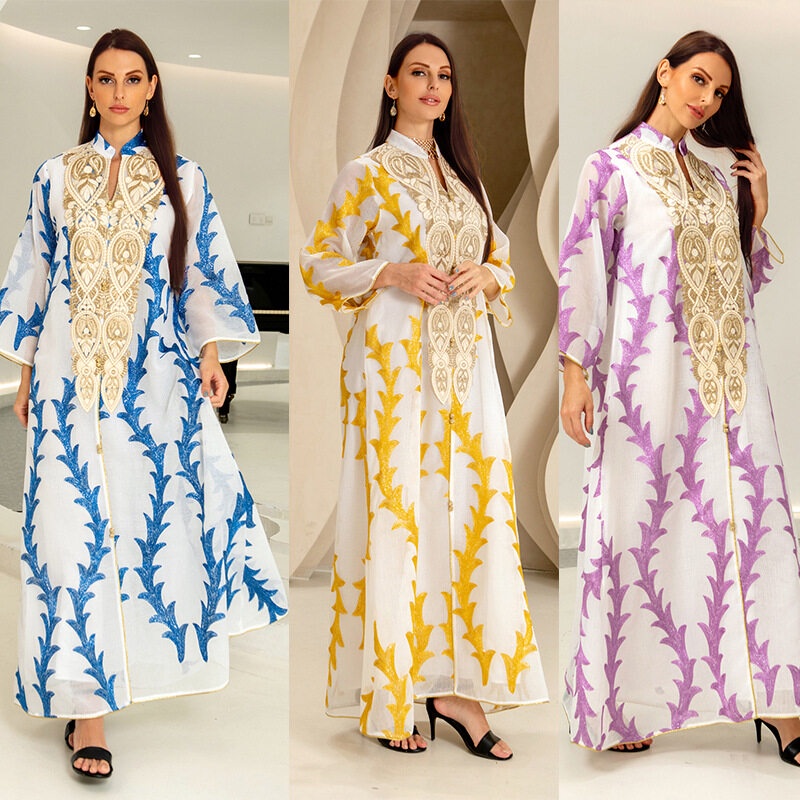 Muslim Dresses For Women 2022 Tape Trim V-neck Polka Dot Party Dress Turkey  Abaya Dubai Arabic Oman Morocco Caftan Islam Clothes
