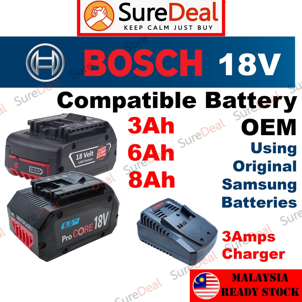 SUREDEAL BOSCH 18V Compatible Battery 3Ah 6Ah 8Ah Premium Quality  Replacement Bateri Ganti Charger GSR180-LI GSB180-LI
