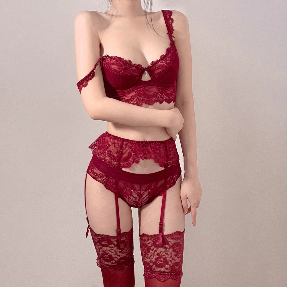 Red Lace Women Bras Thongs Underwear With Belt Garter Solid Color Mesh  Hollow Lace Up Sexy Lingerie Set Perspective G-strings - Bra & Brief Sets -  AliExpress