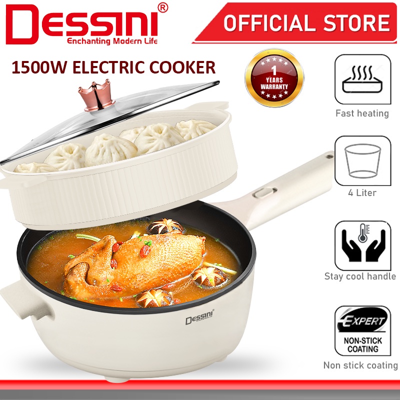 DESSINI ITALY 1L Electric Rice Cooker Lunch Box Non Stick Stainless Steel  Inner Pot with Steamer
