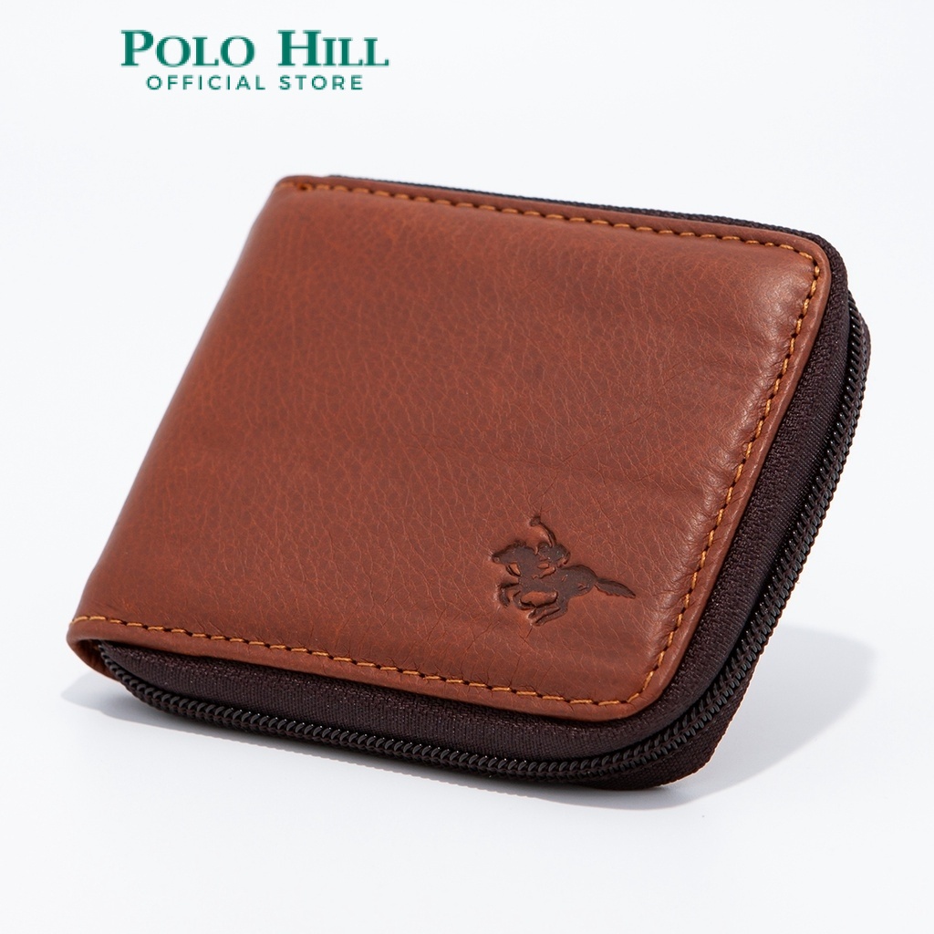 POLO HILL Mens Genuine Leather Short Ziparound Bi Fold Wallet M