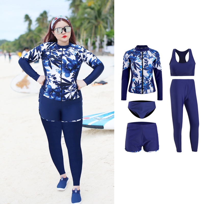 Women Plus Size Two Piece Rash Guard Long Sleeve Swimsuits Sun Protection  Swim Shirt with Capris Surfing Swimwear 