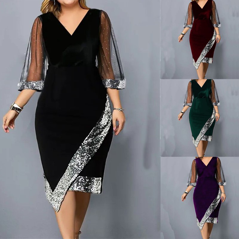 Women Plus Size Dinner Dress Velvet Irregular Sequin Dress Mesh Sleeve V-Neck  Cocktail Party Sheath Dress Black/Maroon/Purple/Green