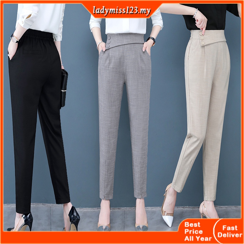 Plus Size S-4XL Suit Long Pants Women Slit High Waist Korean Style Office  Formal Casual Loose Thin Slim Trousers Black White Woman Ladies Pants