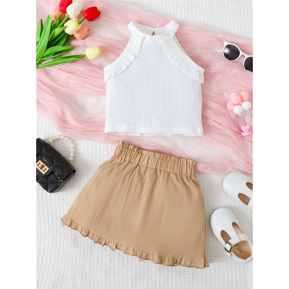 0 3 Years Newborn Baby Girl 2PCS Clothes Set Sleeveless White Hanging Neck Off Shoulder Top Khaki Skirt Fashion Leisure Daily Photograph Shopee Malaysia