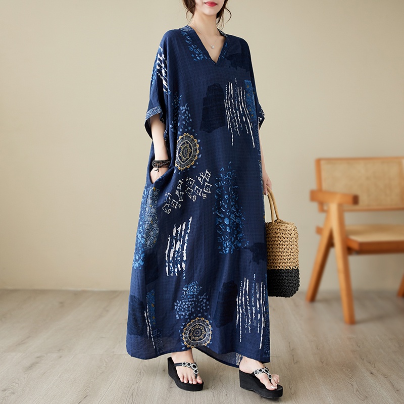 Dark Blue Bat Sleeves Cotton Hemp Loose Long Kaftan-Batik Vintage