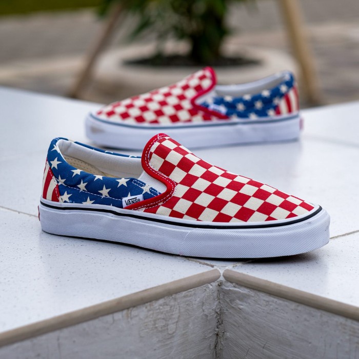 Blue and red outlet slip on vans