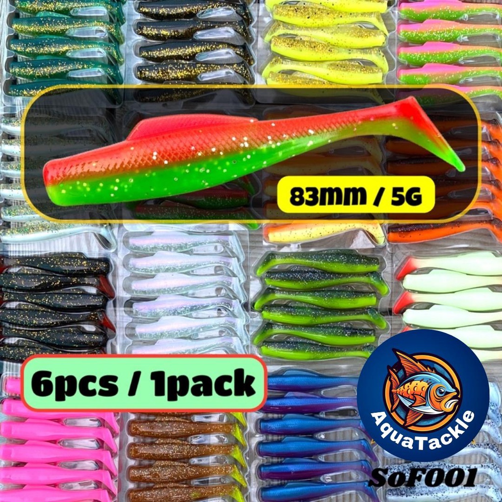 AquaTackle -【SoF001 - 8cm】Soft Plastic Lure 6pcs KillerSoft Bait Zman  Fishing Lures T tail Umpan SP Casting Siakap