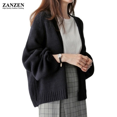 ZANZEN Korean Knitted Cardigan Loose Long Sleeve Casual Plain Women  Outerwear Sweater Knitted Cardigan for Woman