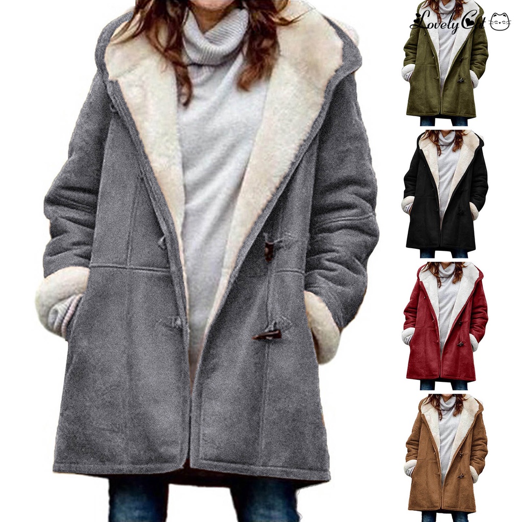 Mrat Fleece Coats for Women Clearance Solid Color Hoodie Horn Buttons  Fleece Lined Jackets Warm Women's Long Sleeve Winter Coat with Pockets  Ladies Thermal Outwear Plain Hoodies Work Office Navy S 