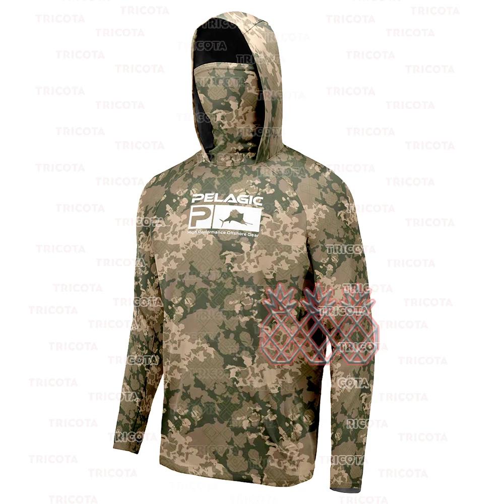 Pelagic Fishing Shirts Men's Performance Long Sleeve Hooded Angling Clothes  With Mask UV Protection Camouflage Fishing T-shirts