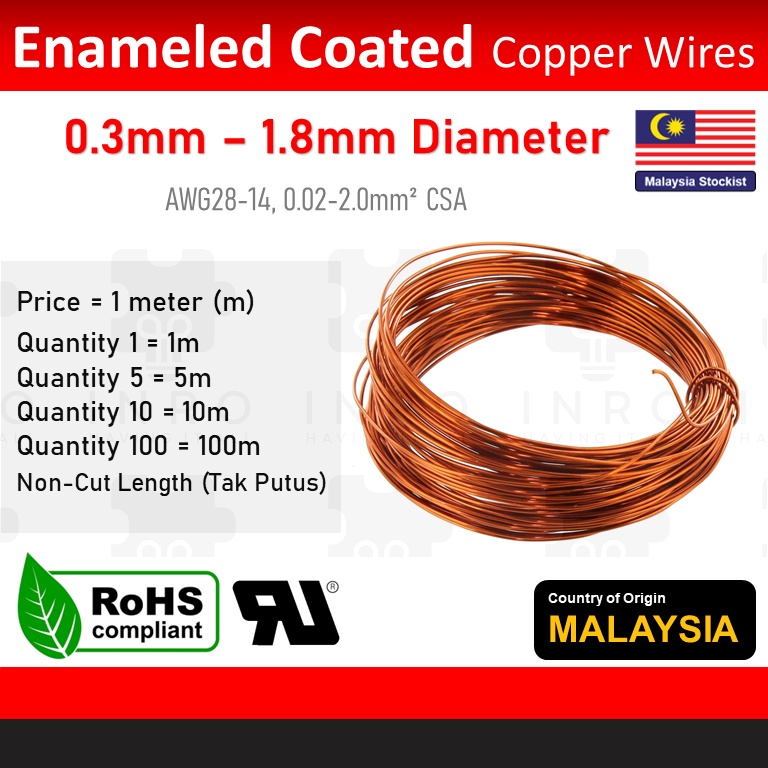 Enamelled Copper Wire (Single Core), 0.3mm, 0.4mm, 0.5mm, 0.6mm, 0.8mm, 1.0 mm, 1.2mm diameter (1 meter)