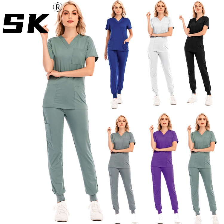 Scrubs Set for Women Joggers V-Neck Pocket Top Uniforms Athletic Stretch  Set Workwear Drawstring Threaded Pant Legs